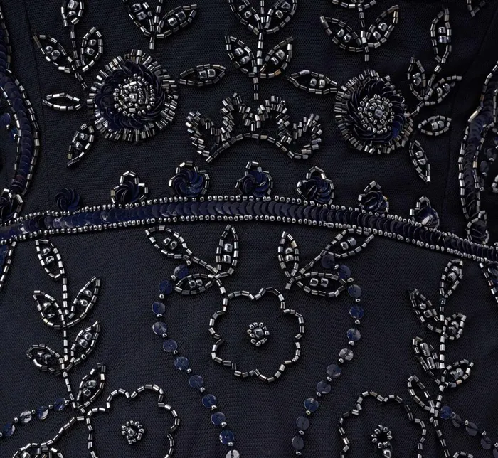 Adrianna Papell Wedding Guest Dresses Beaded Midi Dress With Sheer Short Sleeves In Midnight 8211 Women