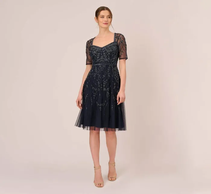 Adrianna Papell Wedding Guest Dresses Beaded Midi Dress With Sheer Short Sleeves In Midnight 8211 Women