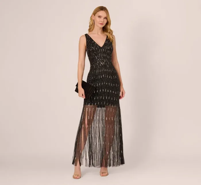 Adrianna Papell Wedding Guest Dresses Beaded Sleeveless Dress With Carwash Hem In Black Mercury 8211 Women