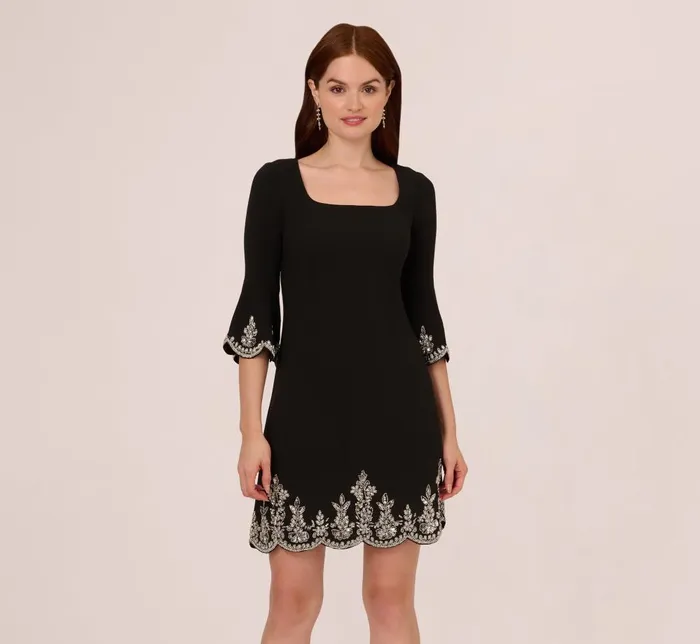 Adrianna Papell Wedding Guest Dresses Beaded Three Quarter Sleeve Crepe Dress With Scallop Edges In Black 8211 Women