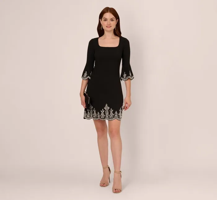 Adrianna Papell Wedding Guest Dresses Beaded Three Quarter Sleeve Crepe Dress With Scallop Edges In Black 8211 Women