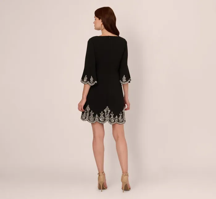 Adrianna Papell Wedding Guest Dresses Beaded Three Quarter Sleeve Crepe Dress With Scallop Edges In Black 8211 Women