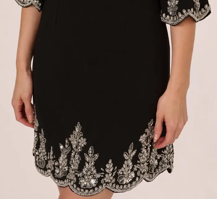 Adrianna Papell Wedding Guest Dresses Beaded Three Quarter Sleeve Crepe Dress With Scallop Edges In Black 8211 Women
