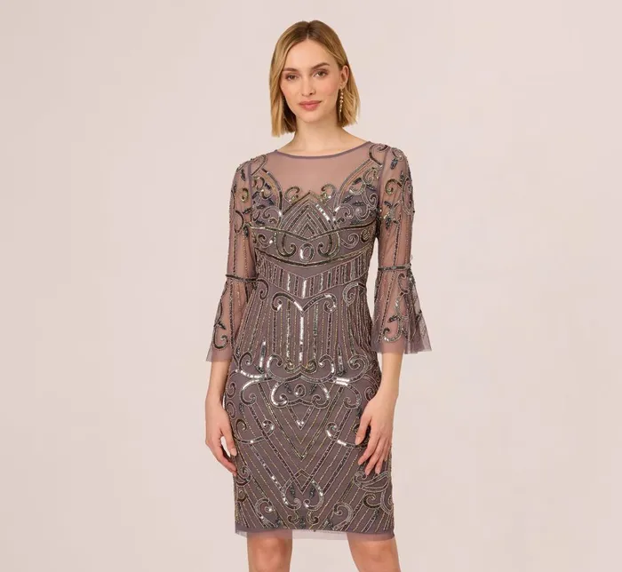 Adrianna Papell Wedding Guest Dresses Deco Beaded Sheath Dress With Sheer Bell Sleeves In Moonscape 8211 Women Adrianna Papell Wedding Guest Dresses Deco Beaded Sheath Dress With Sheer Bell Sleeves In Moonscape 8211 Women