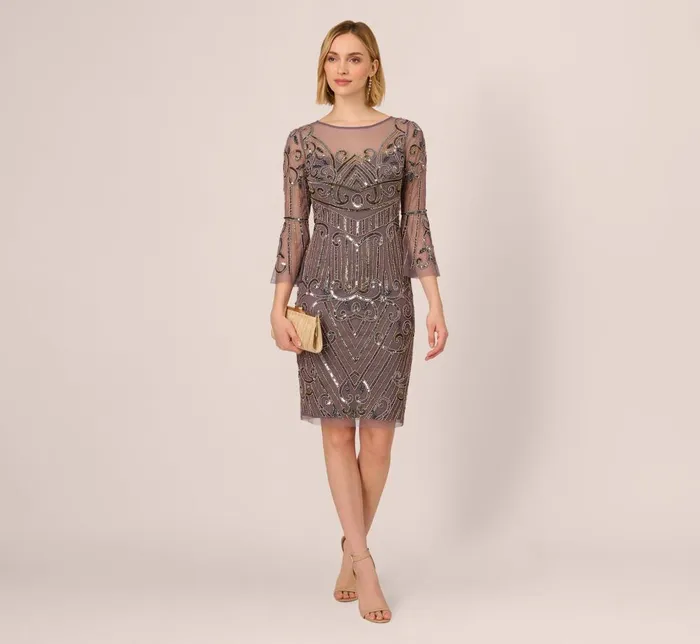 Adrianna Papell Wedding Guest Dresses Deco Beaded Sheath Dress With Sheer Bell Sleeves In Moonscape 8211 Women