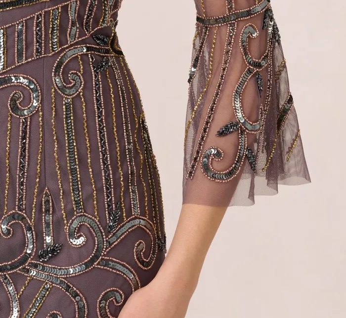 Adrianna Papell Wedding Guest Dresses Deco Beaded Sheath Dress With Sheer Bell Sleeves In Moonscape 8211 Women