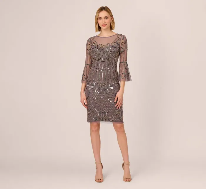 Adrianna Papell Wedding Guest Dresses Deco Beaded Sheath Dress With Sheer Bell Sleeves In Moonscape 8211 Women