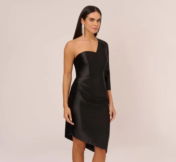 Adrianna Papell Wedding Guest Dresses One Shoulder Satin Midi Dress With ThreeQuarter Sleeve In Black 8211 Women Adrianna Papell Wedding Guest Dresses One Shoulder Satin Midi Dress With ThreeQuarter Sleeve In Black 8211 Women