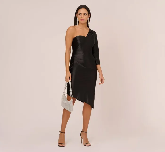 Adrianna Papell Wedding Guest Dresses One Shoulder Satin Midi Dress With ThreeQuarter Sleeve In Black 8211 Women