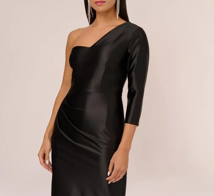 Adrianna Papell Wedding Guest Dresses One Shoulder Satin Midi Dress With ThreeQuarter Sleeve In Black 8211 Women