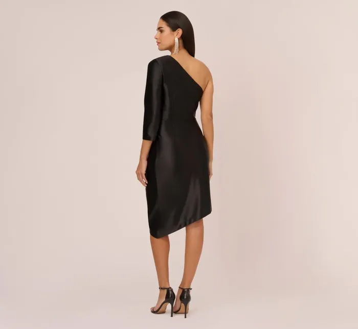 Adrianna Papell Wedding Guest Dresses One Shoulder Satin Midi Dress With ThreeQuarter Sleeve In Black 8211 Women