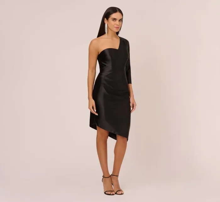 Adrianna Papell Wedding Guest Dresses One Shoulder Satin Midi Dress With ThreeQuarter Sleeve In Black 8211 Women