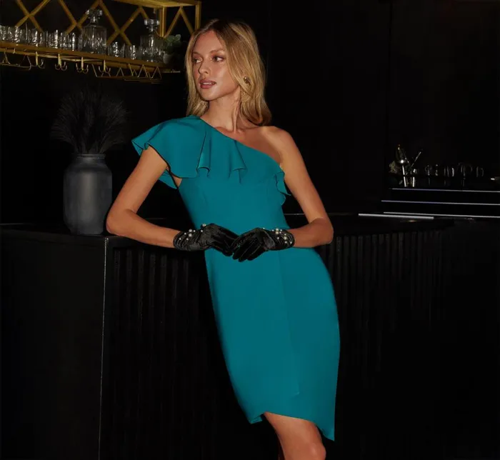 Adrianna Papell Wedding Guest Dresses One Shoulder Stretch Crepe Short Dress In Deep Emerald 8211 Women