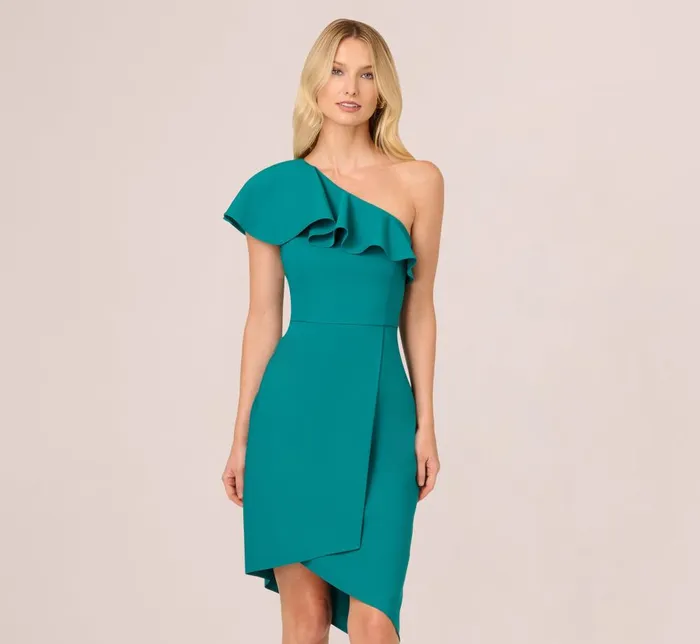 Adrianna Papell Wedding Guest Dresses One Shoulder Stretch Crepe Short Dress In Deep Emerald 8211 Women