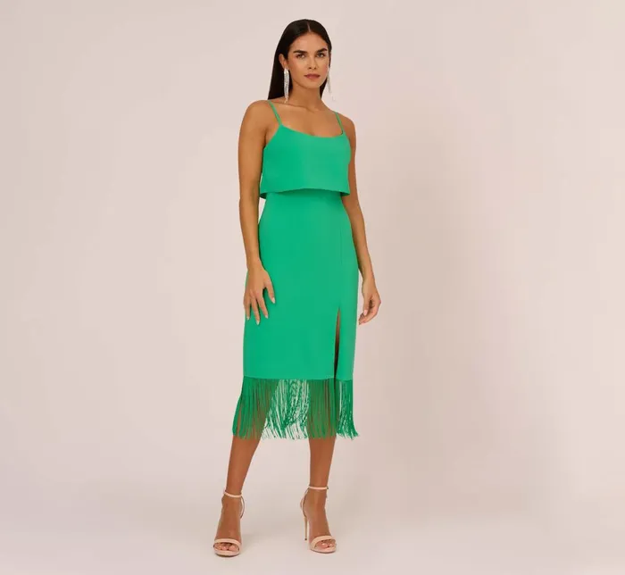 Adrianna Papell Wedding Guest Dresses Stretch Crepe Popover Midi Dress With Fringe Hem In Summer Green 8211 Women Adrianna Papell Wedding Guest Dresses Stretch Crepe Popover Midi Dress With Fringe Hem In Summer Green 8211 Women