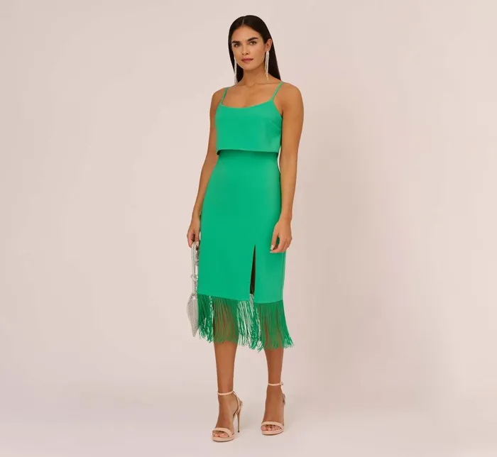 Adrianna Papell Wedding Guest Dresses Stretch Crepe Popover Midi Dress With Fringe Hem In Summer Green 8211 Women
