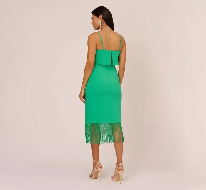 Adrianna Papell Wedding Guest Dresses Stretch Crepe Popover Midi Dress With Fringe Hem In Summer Green 8211 Women