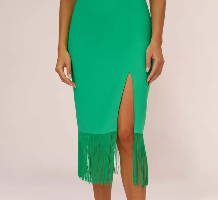 Adrianna Papell Wedding Guest Dresses Stretch Crepe Popover Midi Dress With Fringe Hem In Summer Green 8211 Women