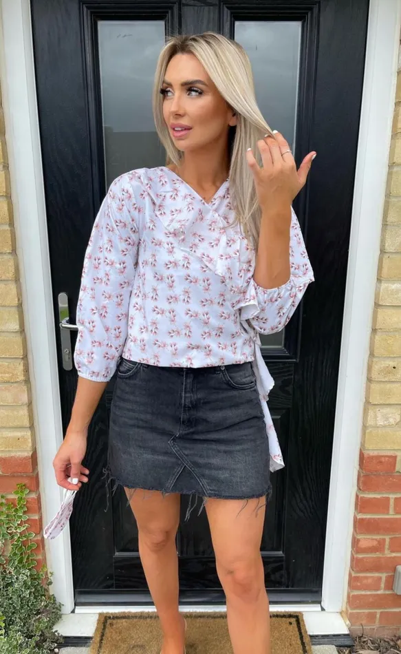 Amiya Ivory Floral Wrap Floral Frill Top Women Missfiga Tops