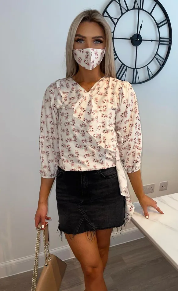 Amiya Ivory Floral Wrap Floral Frill Top Women Missfiga Tops