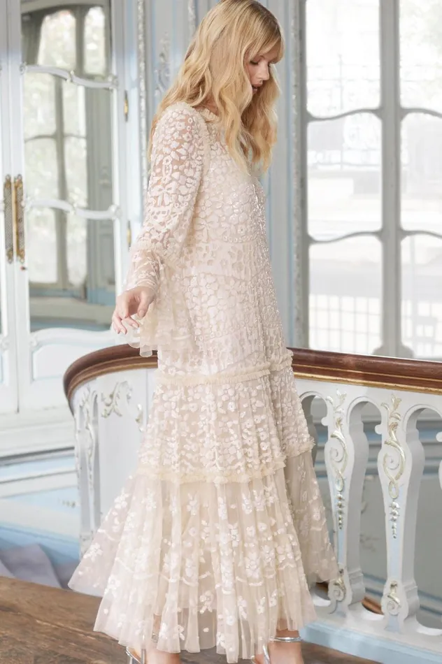 Annie Sequin Tiered Ankle Gown Champagne Women Needle and Thread Dresses