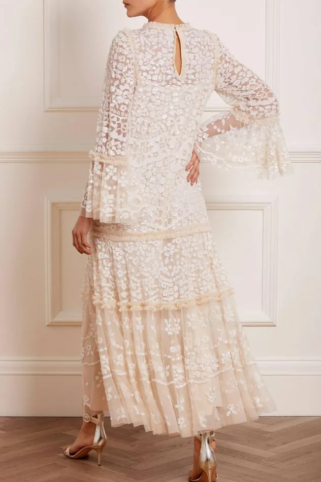 Annie Sequin Tiered Ankle Gown Champagne Women Needle and Thread Dresses