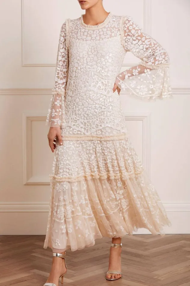 Annie Sequin Tiered Ankle Gown Champagne Women Needle and Thread Dresses
