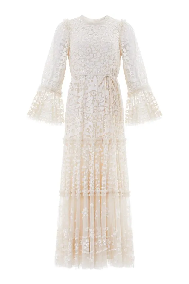 Annie Sequin Tiered Ankle Gown Champagne Women Needle and Thread Dresses
