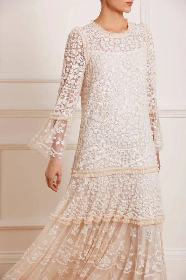 Annie Sequin Tiered Ankle Gown Champagne Women Needle and Thread Dresses