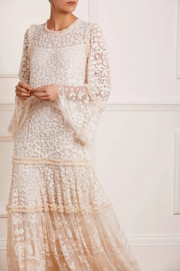 Annie Sequin Tiered Ankle Gown Champagne Women Needle and Thread Dresses