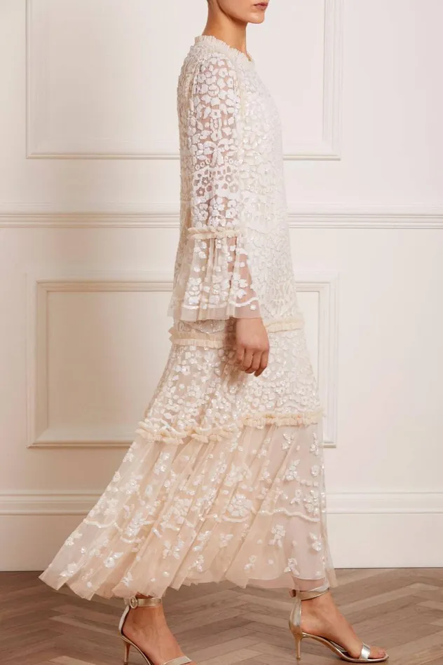 Annie Sequin Tiered Ankle Gown Champagne Women Needle and Thread Dresses