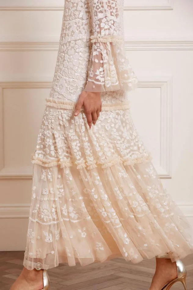 Annie Sequin Tiered Ankle Gown Champagne Women Needle and Thread Dresses