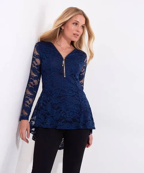 Apparel Tops Tunics and Blouses Joebrowns Loretta Lace Zip Top Teal