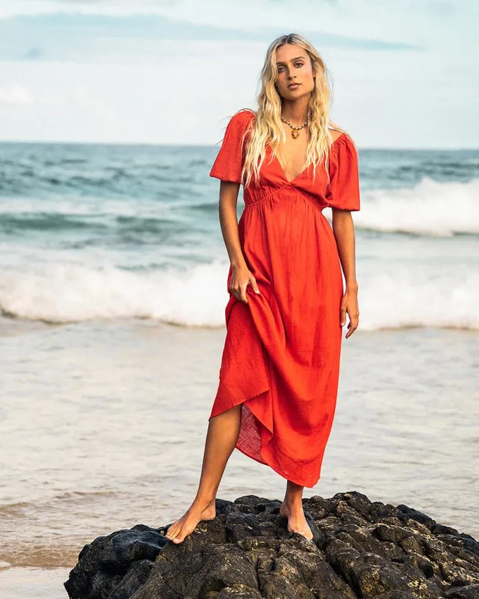 Billabong Dresses Love Fade Puff Sleeve Maxi Dress Sunset Red 8211 Women