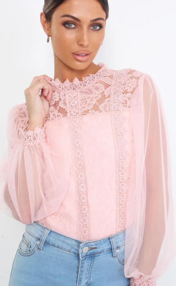 Caggie Pink Crochet Lace Sheer Bodysuit Women Missfiga Bodysuits