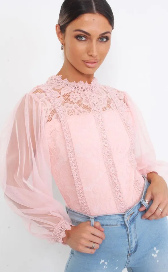 Caggie Pink Crochet Lace Sheer Bodysuit Women Missfiga Bodysuits