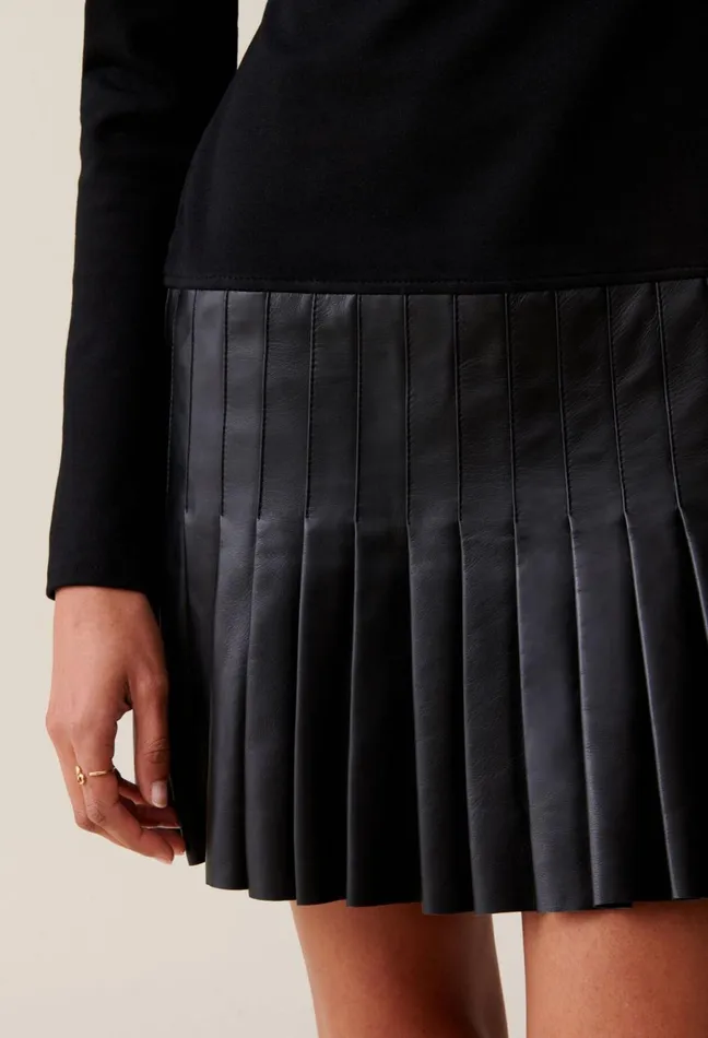 Claudie Pierlot BiMaterial Leather Black Dress Women Dresses