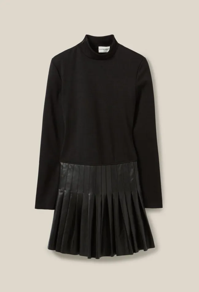 Claudie Pierlot BiMaterial Leather Black Dress Women Dresses