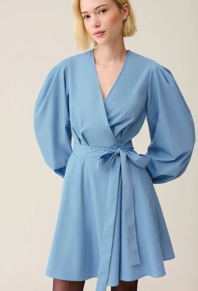 Claudie Pierlot Blue Short Dress With Puff Sleeves Sky Blue Women Dresses Claudie Pierlot Blue Short Dress With Puff Sleeves Sky Blue Women Dresses