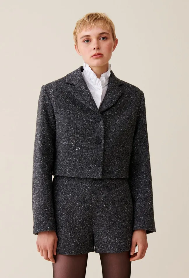 Claudie Pierlot Grey Tweed Mixed Wool Blazer Mottled Grey Women Jackets Claudie Pierlot Grey Tweed Mixed Wool Blazer Mottled Grey Women Jackets