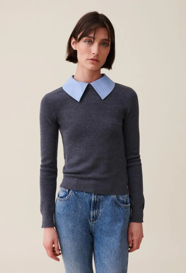 Claudie Pierlot Jumper With Detachable Collar Mottled Grey Women Knitwear And Cardigans Claudie Pierlot Jumper With Detachable Collar Mottled Grey Women Knitwear And Cardigans