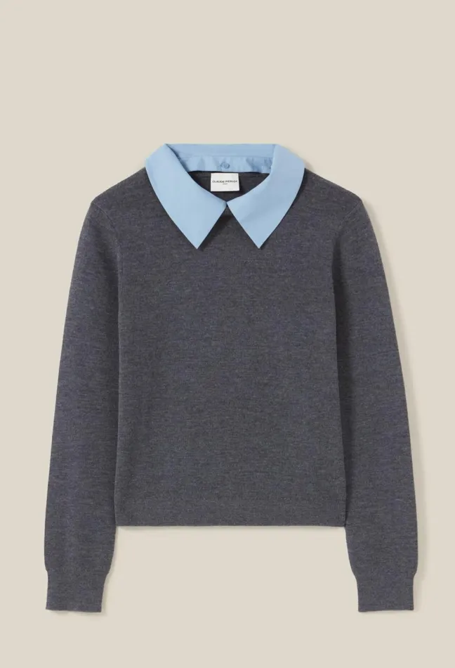 Claudie Pierlot Jumper With Detachable Collar Mottled Grey Women Knitwear And Cardigans Claudie Pierlot Jumper With Detachable Collar Mottled Grey Women Knitwear And Cardigans