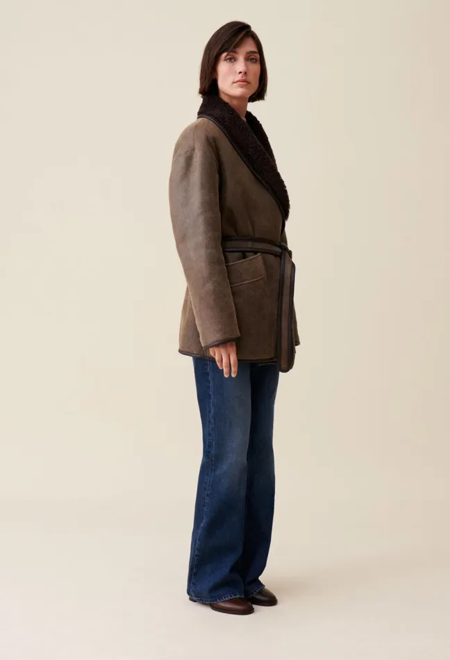 Claudie Pierlot Taupe Belted Shearling Jacket Brown Women Coats Claudie Pierlot Taupe Belted Shearling Jacket Brown Women Coats