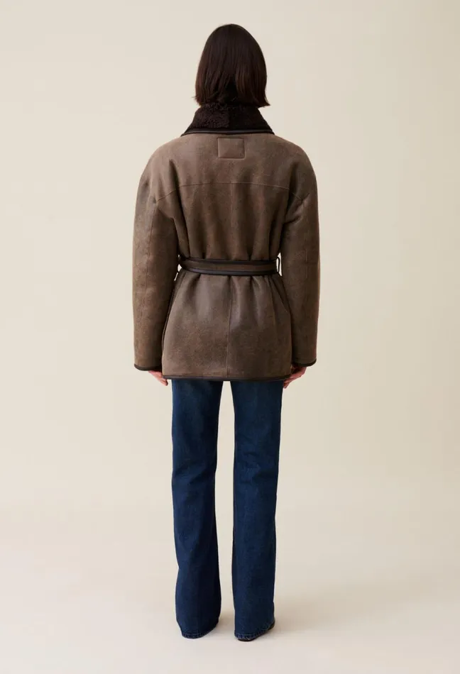 Claudie Pierlot Taupe Belted Shearling Jacket Brown Women Coats Claudie Pierlot Taupe Belted Shearling Jacket Brown Women Coats
