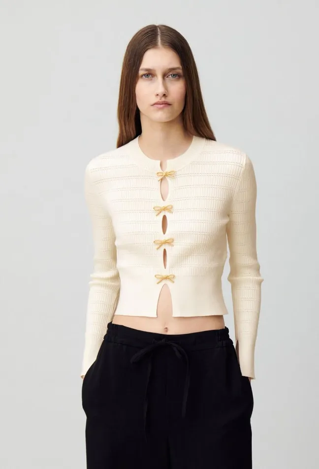 Claudie Pierlot Thin Knit Jumper With Bows Ecru Women Knitwear And Cardigans Claudie Pierlot Thin Knit Jumper With Bows Ecru Women Knitwear And Cardigans