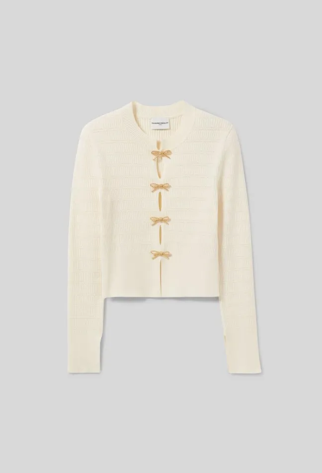 Claudie Pierlot Thin Knit Jumper With Bows Ecru Women Knitwear And Cardigans Claudie Pierlot Thin Knit Jumper With Bows Ecru Women Knitwear And Cardigans