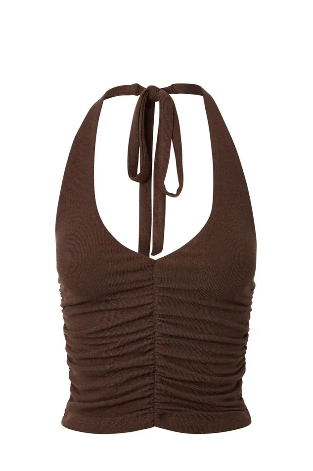 Clothing Supr Going Out Tops Rami Ruched Halter Top Espresso Brown