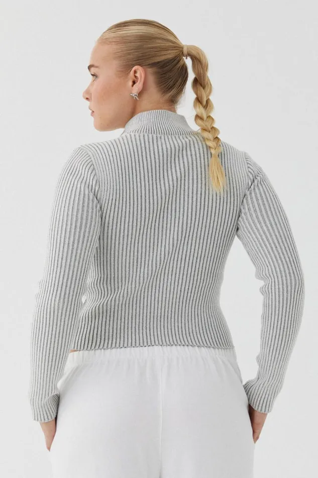 Clothing Supr Knitwear Marcie Mock Neck Zip Through Cardigan Dove Grey Two Tone