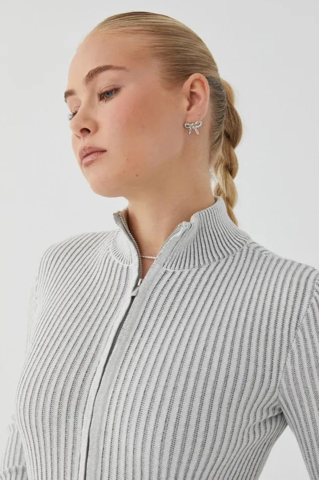 Clothing Supr Knitwear Marcie Mock Neck Zip Through Cardigan Dove Grey Two Tone