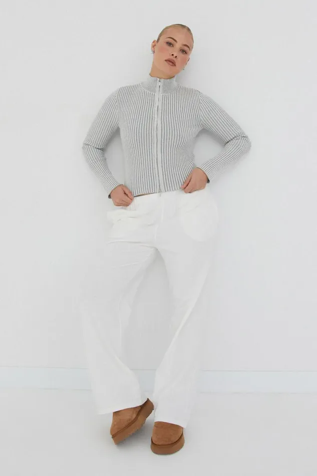 Clothing Supr Knitwear Marcie Mock Neck Zip Through Cardigan Dove Grey Two Tone